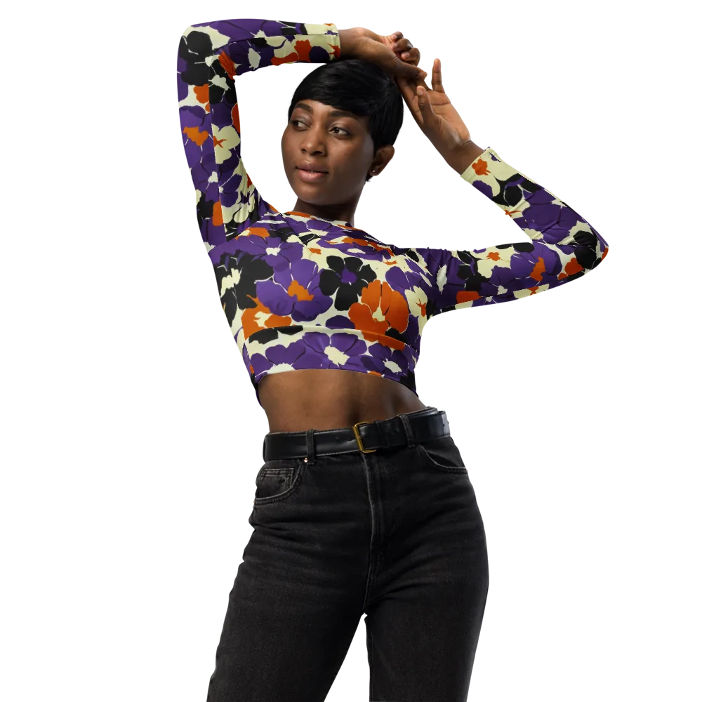 Violet Ember Bloom on Long Sleeve Crop Top — Front