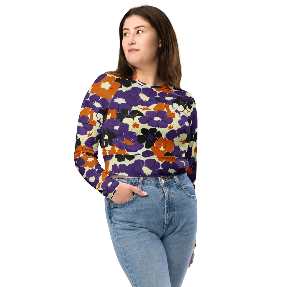 Violet Ember Bloom on Long Sleeve Crop Top — Front