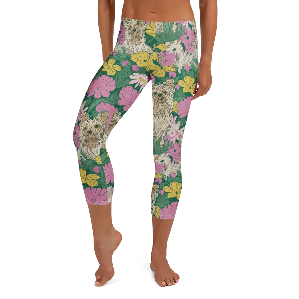 Garden Yorkies on Capri Leggings — Front
