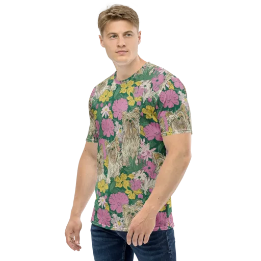 Garden Yorkies on a Men's Crew Neck T-Shirt