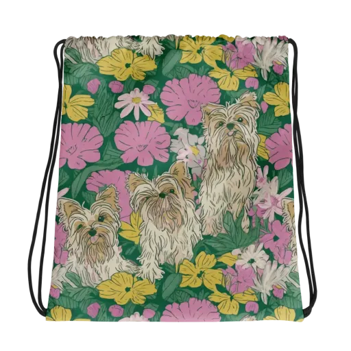 Garden Yorkies on a Drawstring Bag