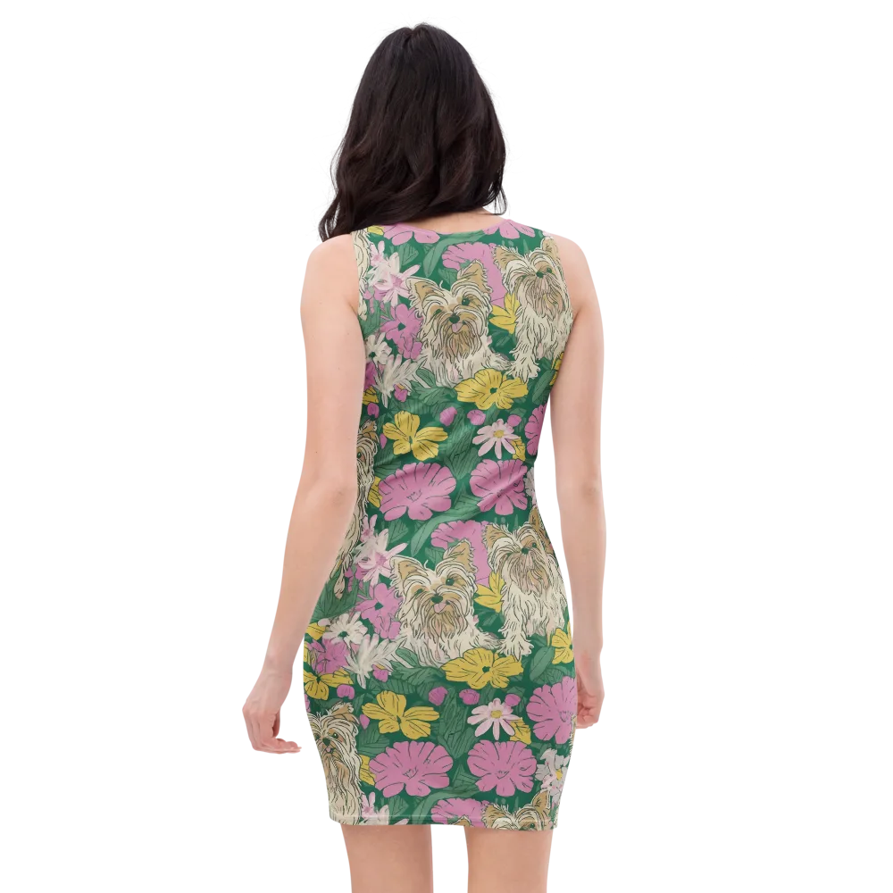 Garden Yorkies on Bodycon Dress — Back