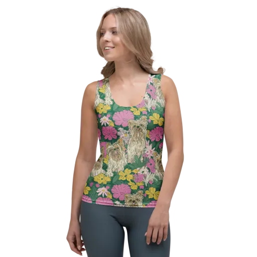 Garden Yorkies on a Women's Tank Top