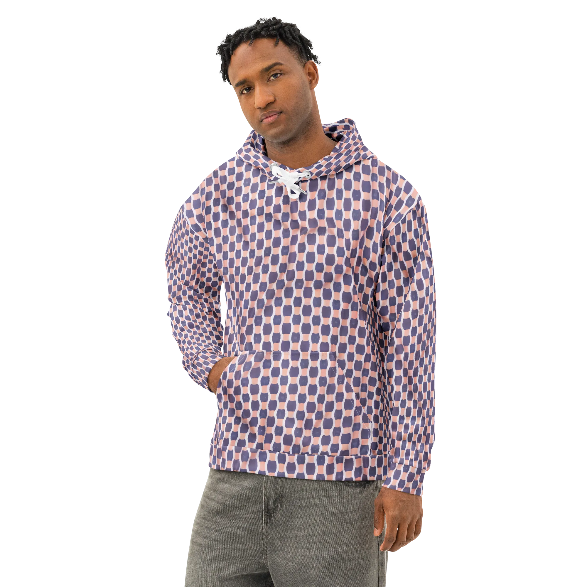Indigo Blush Mosaic on Cotton Hoodie — Left Front