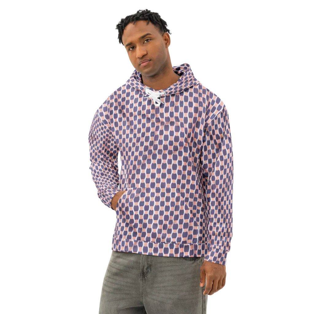 Indigo Blush Mosaic on Cotton Hoodie — Left Front