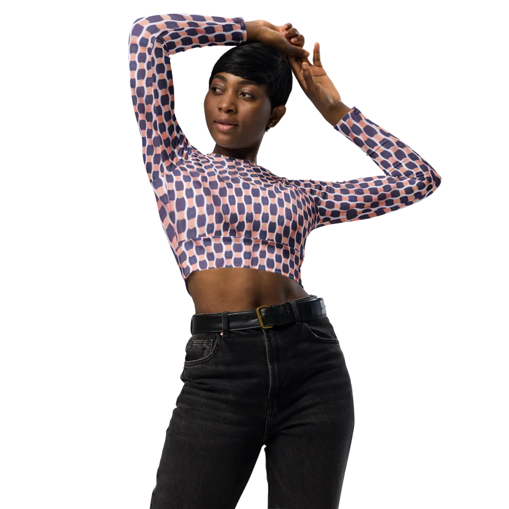 Indigo Blush Mosaic on Long Sleeve Crop Top — Front