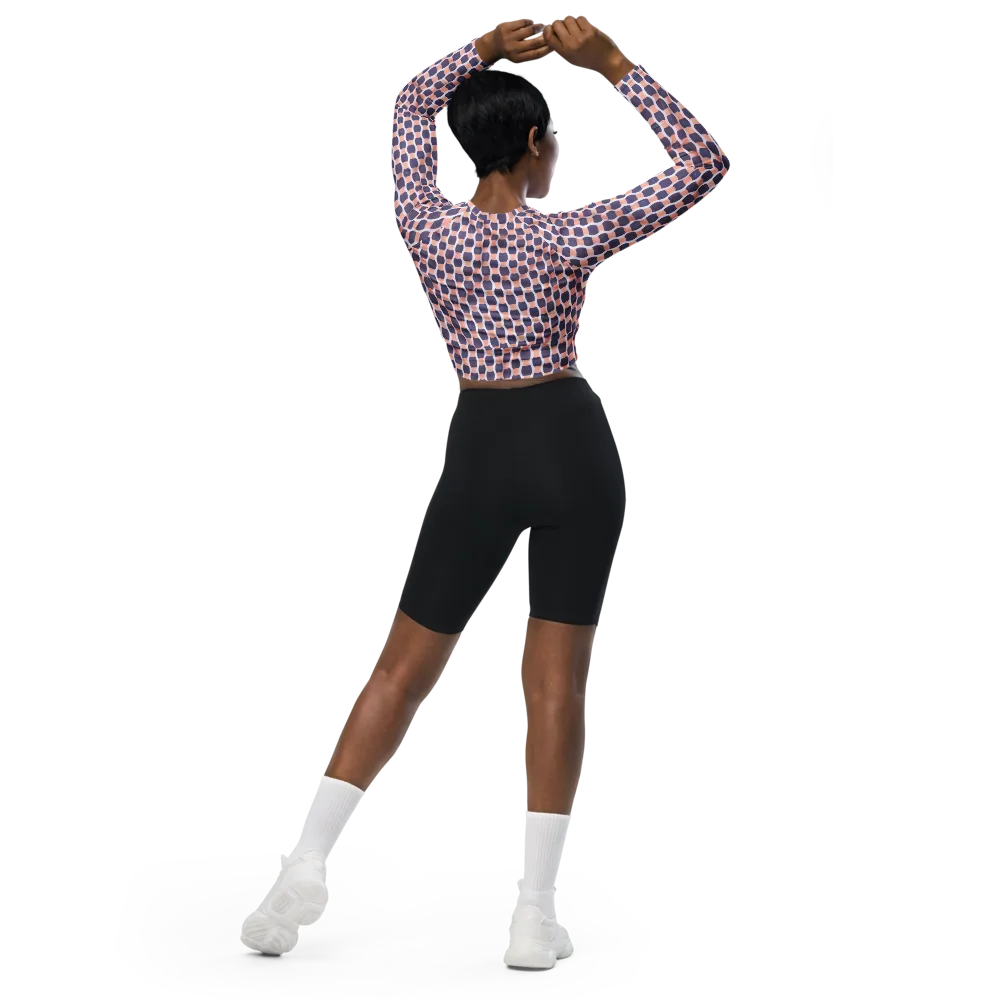 Indigo Blush Mosaic on Long Sleeve Crop Top — Back