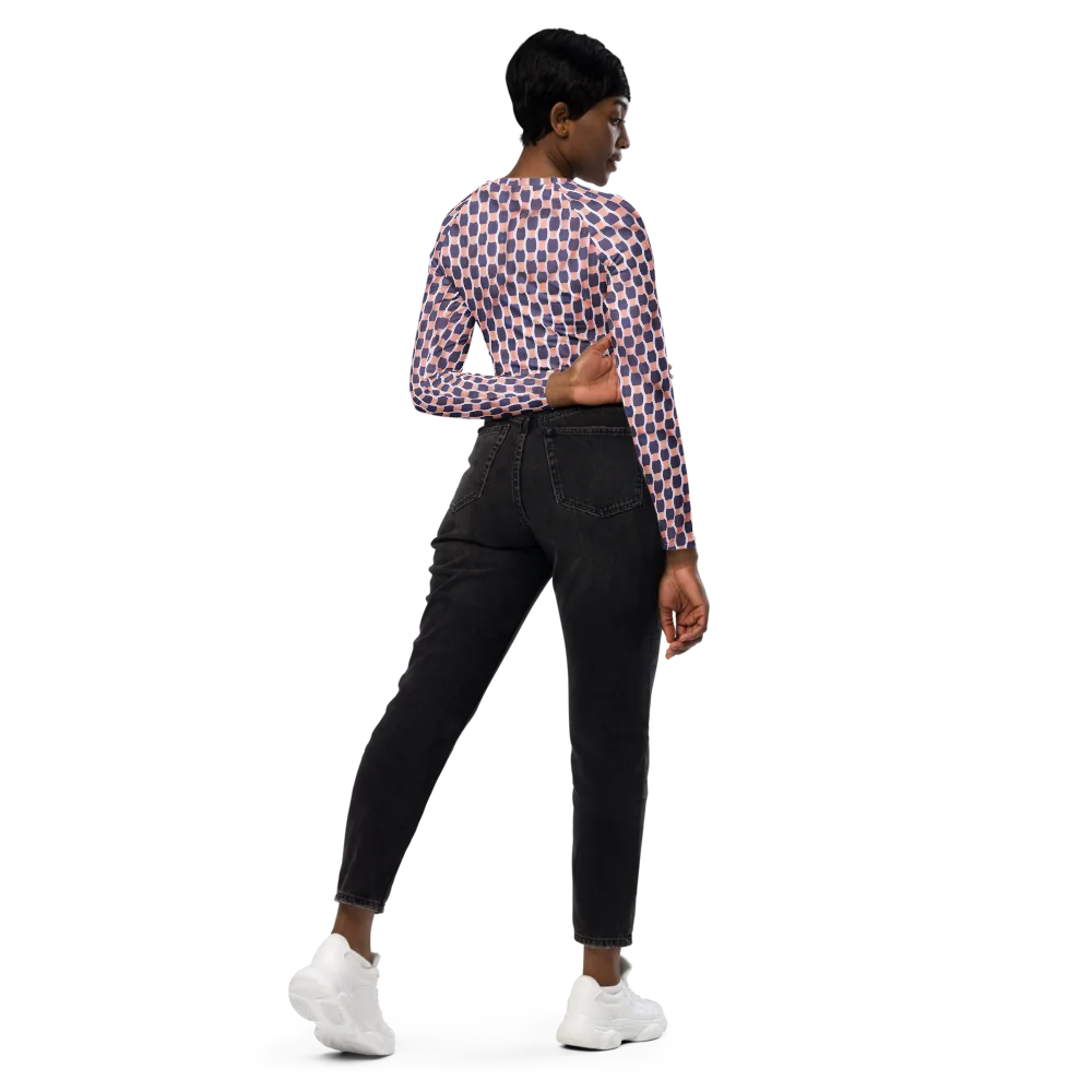 Indigo Blush Mosaic on Long Sleeve Crop Top — Right Back