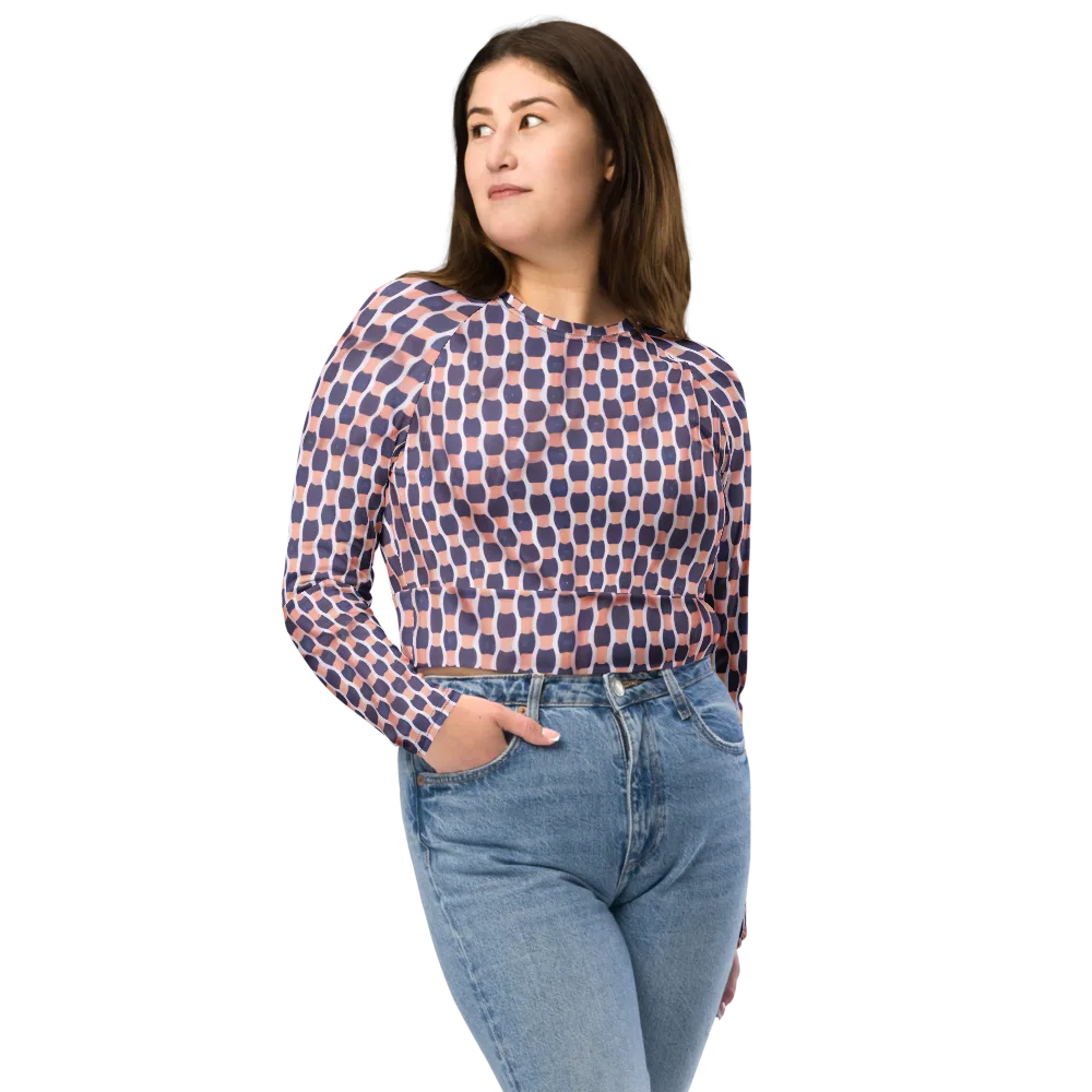 Indigo Blush Mosaic on Long Sleeve Crop Top — Front
