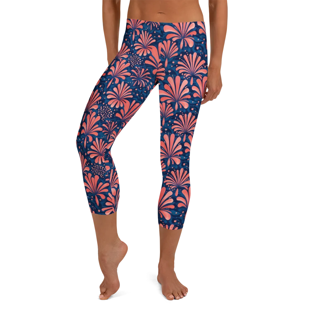 Coral Bloom Cascade on Capri Leggings — Front