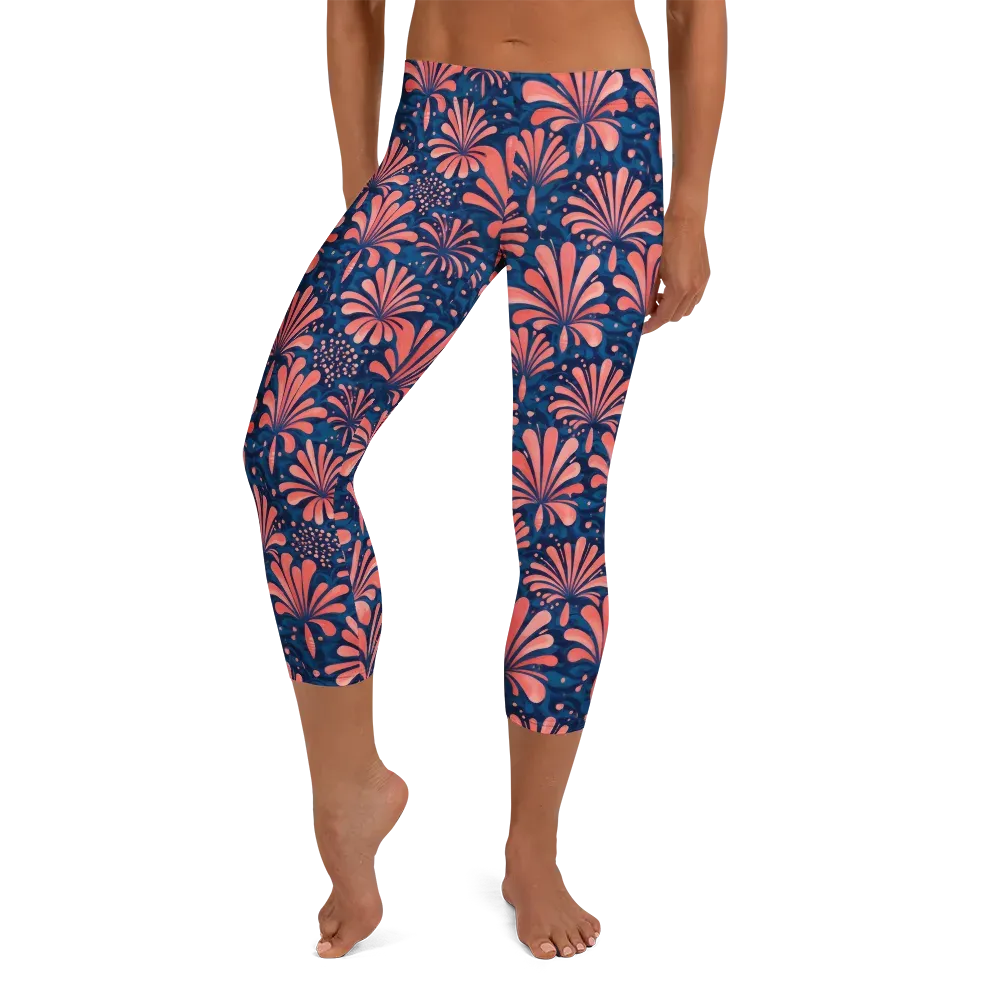 Coral Bloom Cascade on Capri Leggings — Front