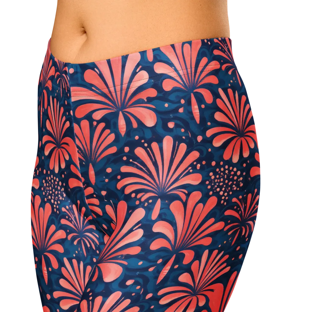 Coral Bloom Cascade on Capri Leggings — Zoomed-in