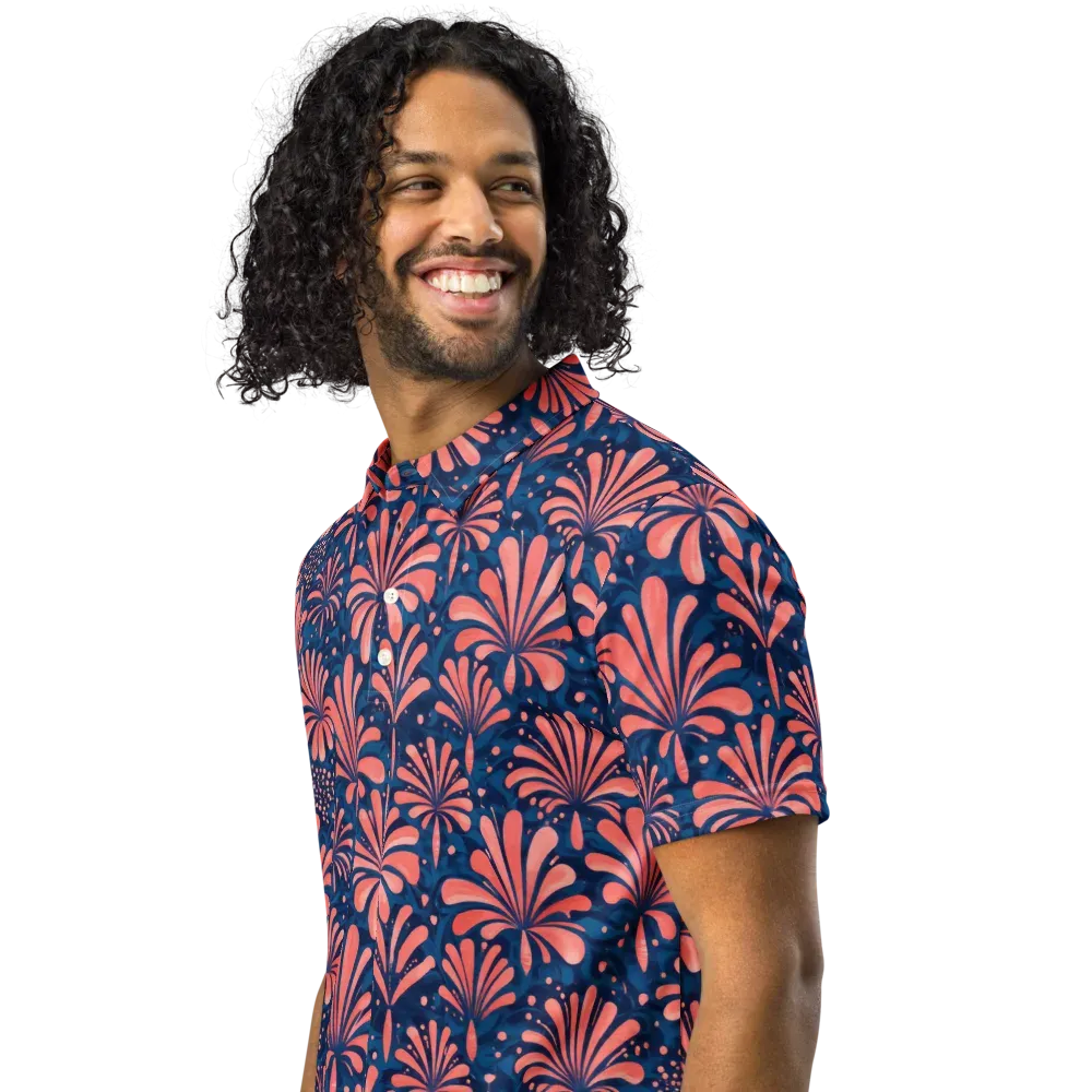 Coral Bloom Cascade on Men's Slim Fit Polo Shirt — Left Front