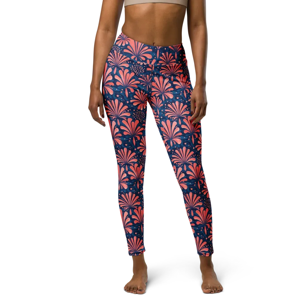Coral Bloom Cascade on Yoga Leggings — Front