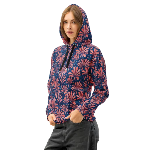 Coral Bloom Cascade on a Cotton Hoodie