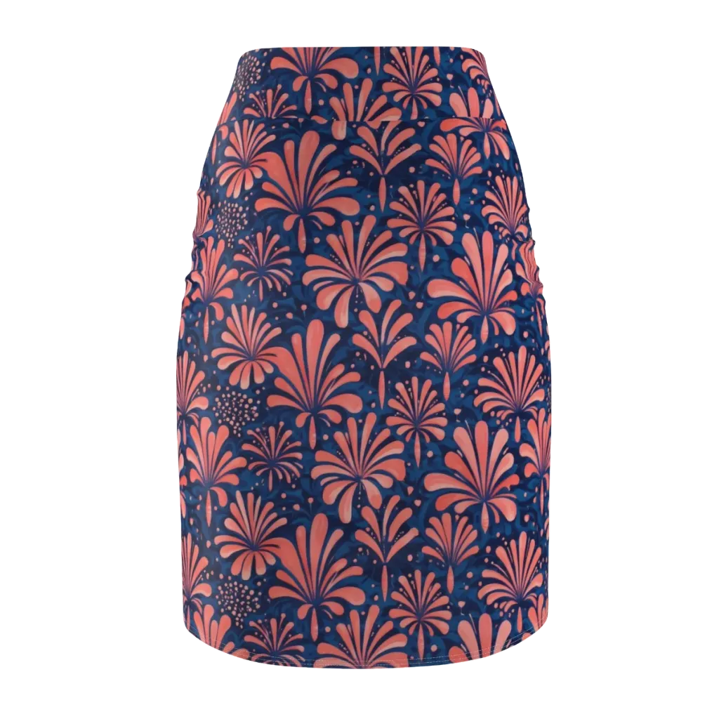 Coral Bloom Cascade on Pencil Skirt — Back