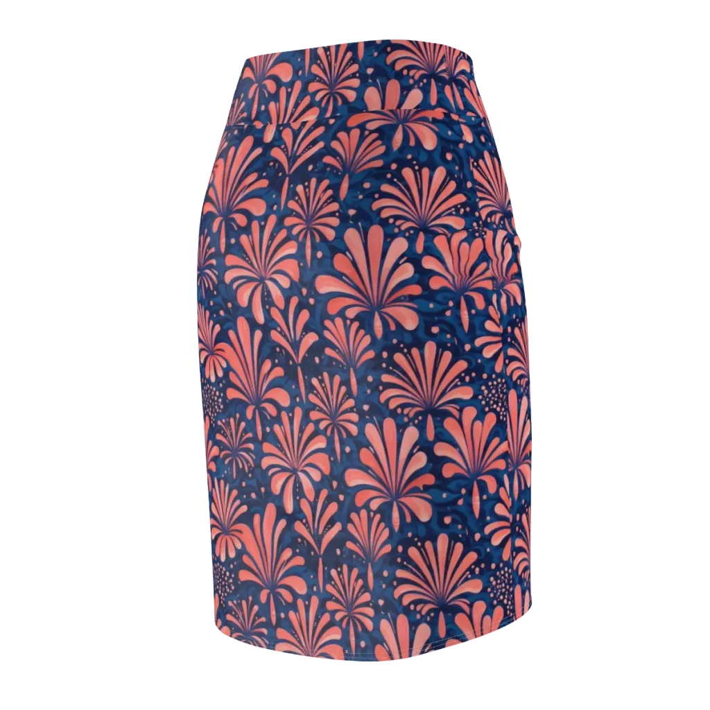 Coral Bloom Cascade on Pencil Skirt — Back Side