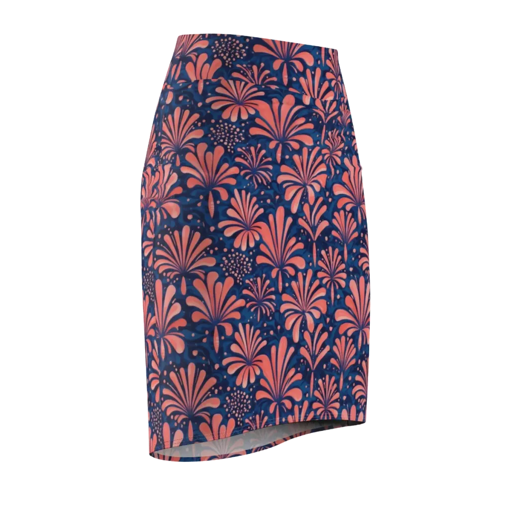 Coral Bloom Cascade on Pencil Skirt — Front Side