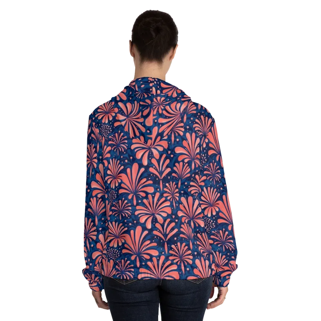Coral Bloom Cascade on Women's Full-Zip Hoodie — Back On Person