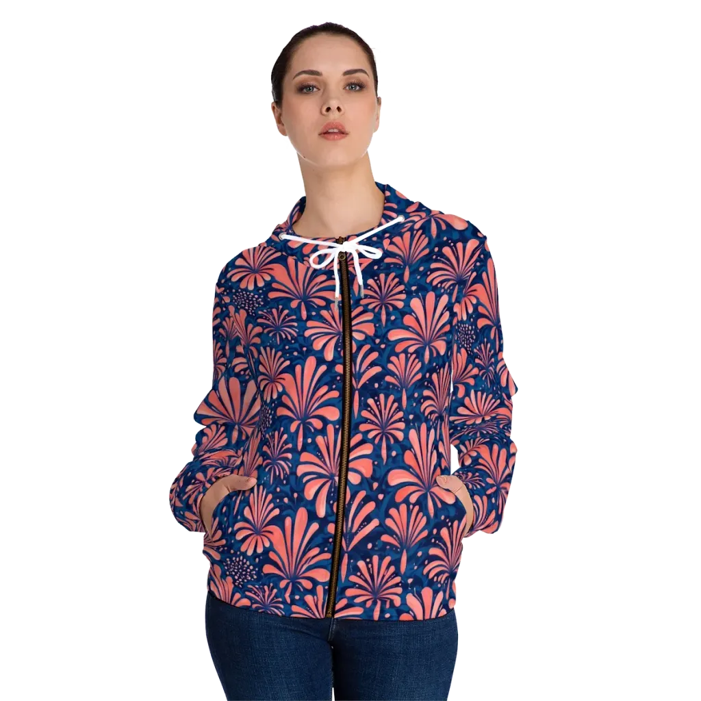 Coral Bloom Cascade on Women's Full-Zip Hoodie — Front On Person