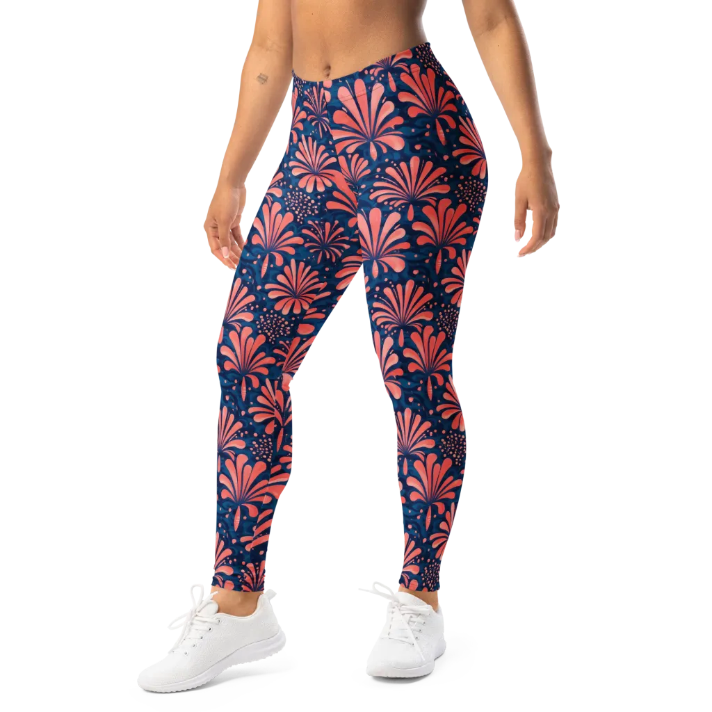 Coral Bloom Cascade on Leggings — Left Front
