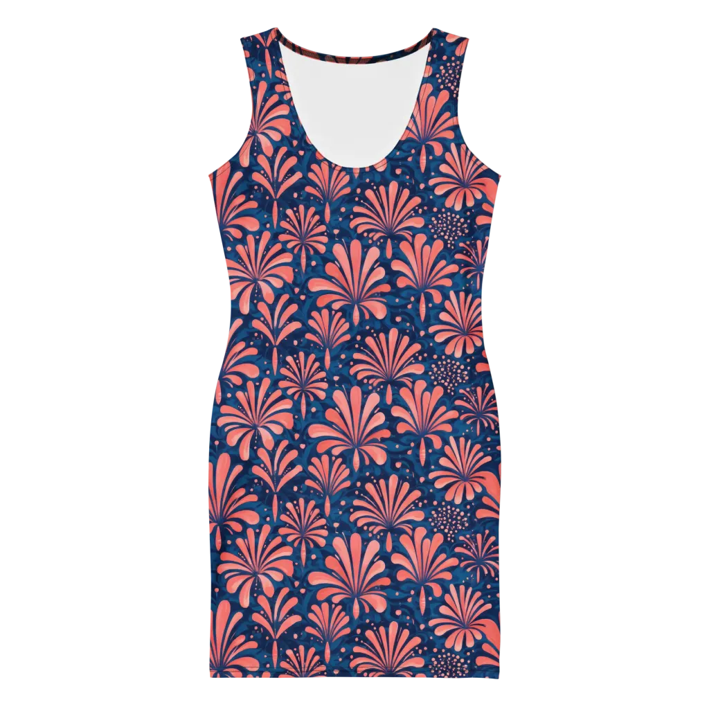 Coral Bloom Cascade on Bodycon Dress — Front