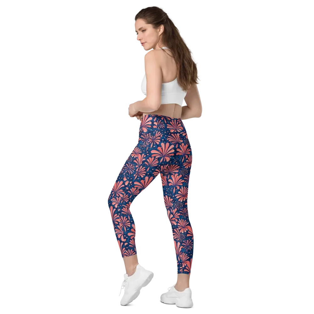 Coral Bloom Cascade on Leggings with Pockets — Left Back