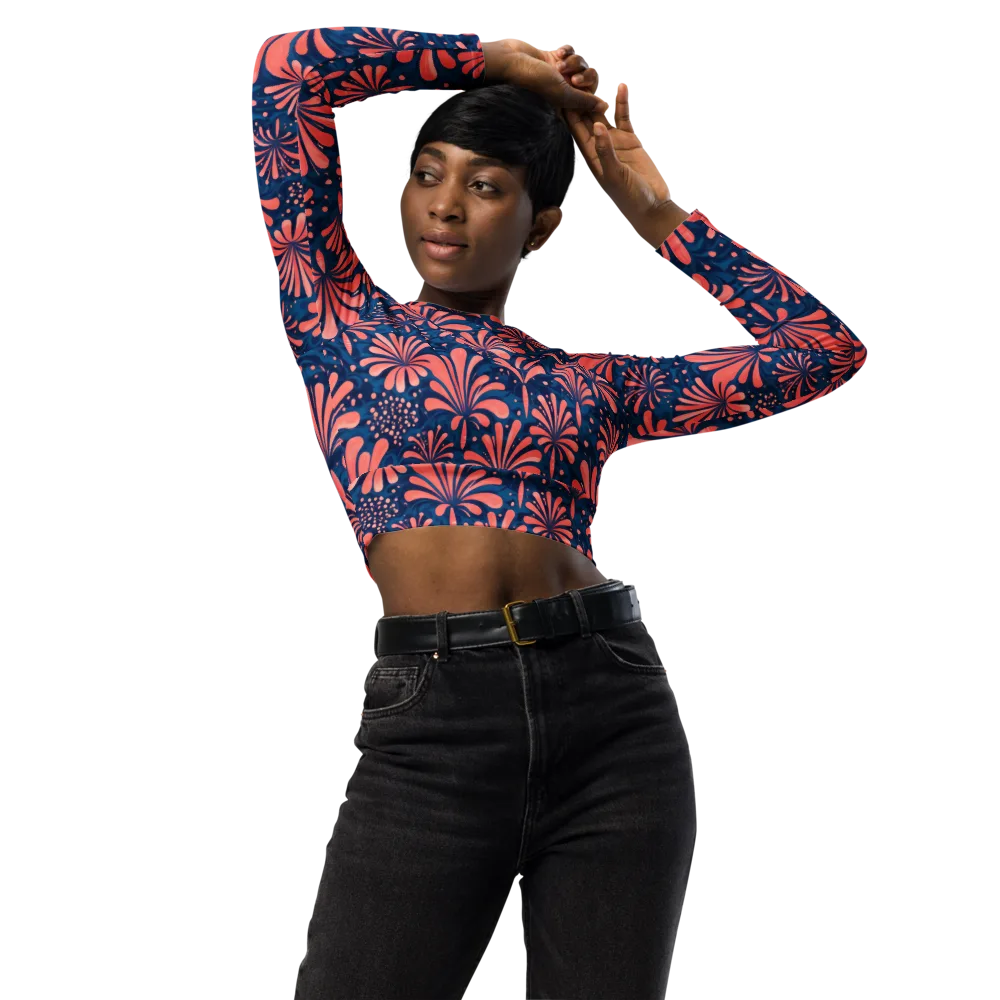Coral Bloom Cascade on Long Sleeve Crop Top — Front