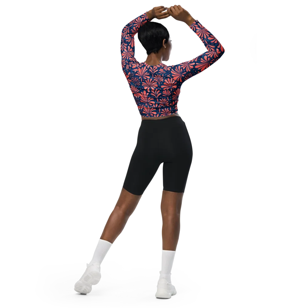Coral Bloom Cascade on Long Sleeve Crop Top — Back