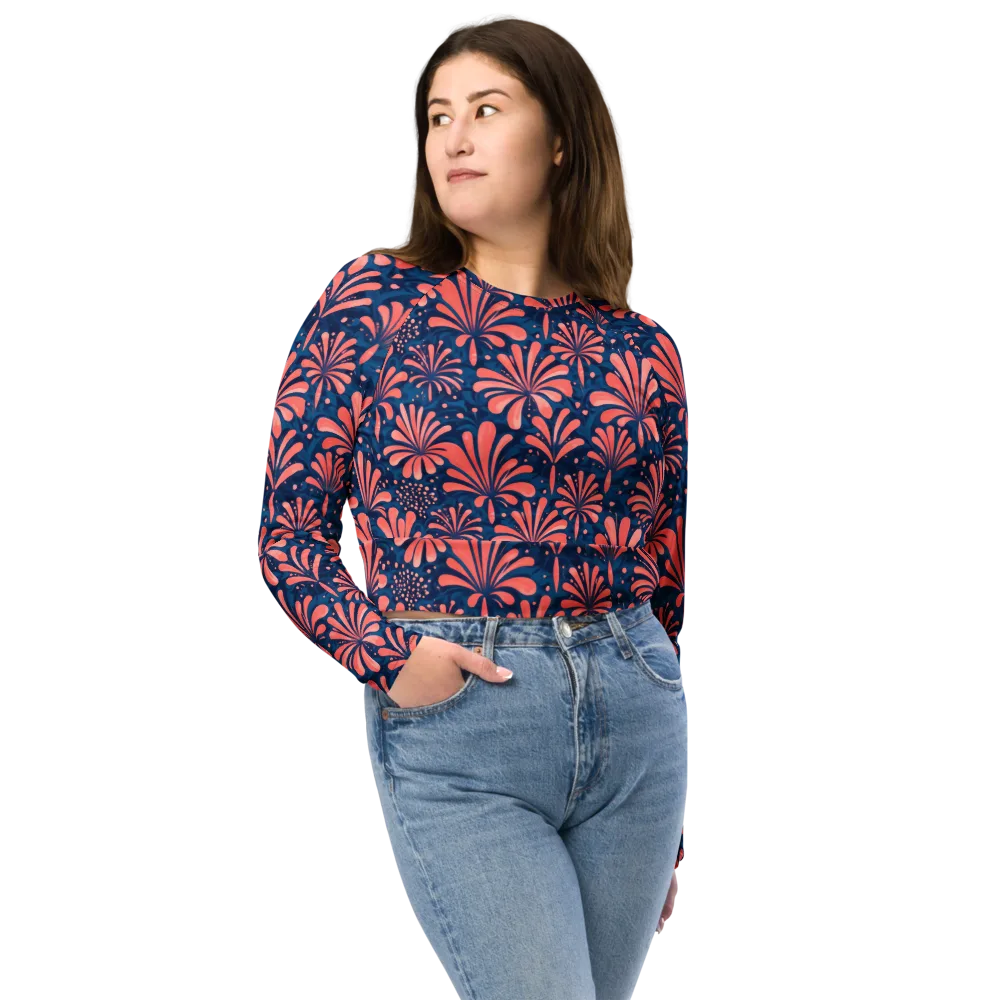 Coral Bloom Cascade on Long Sleeve Crop Top — Front