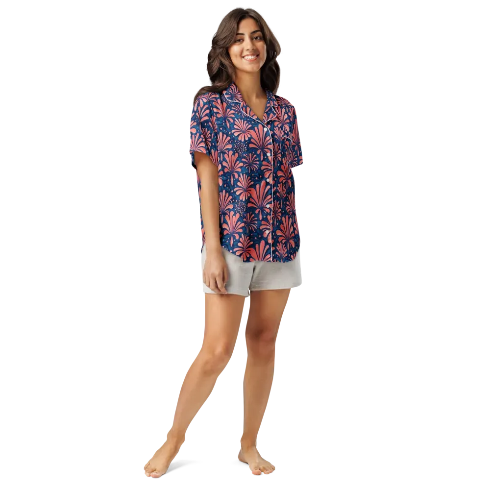 Coral Bloom Cascade on Women's Short Sleeve Pajama Top — Front