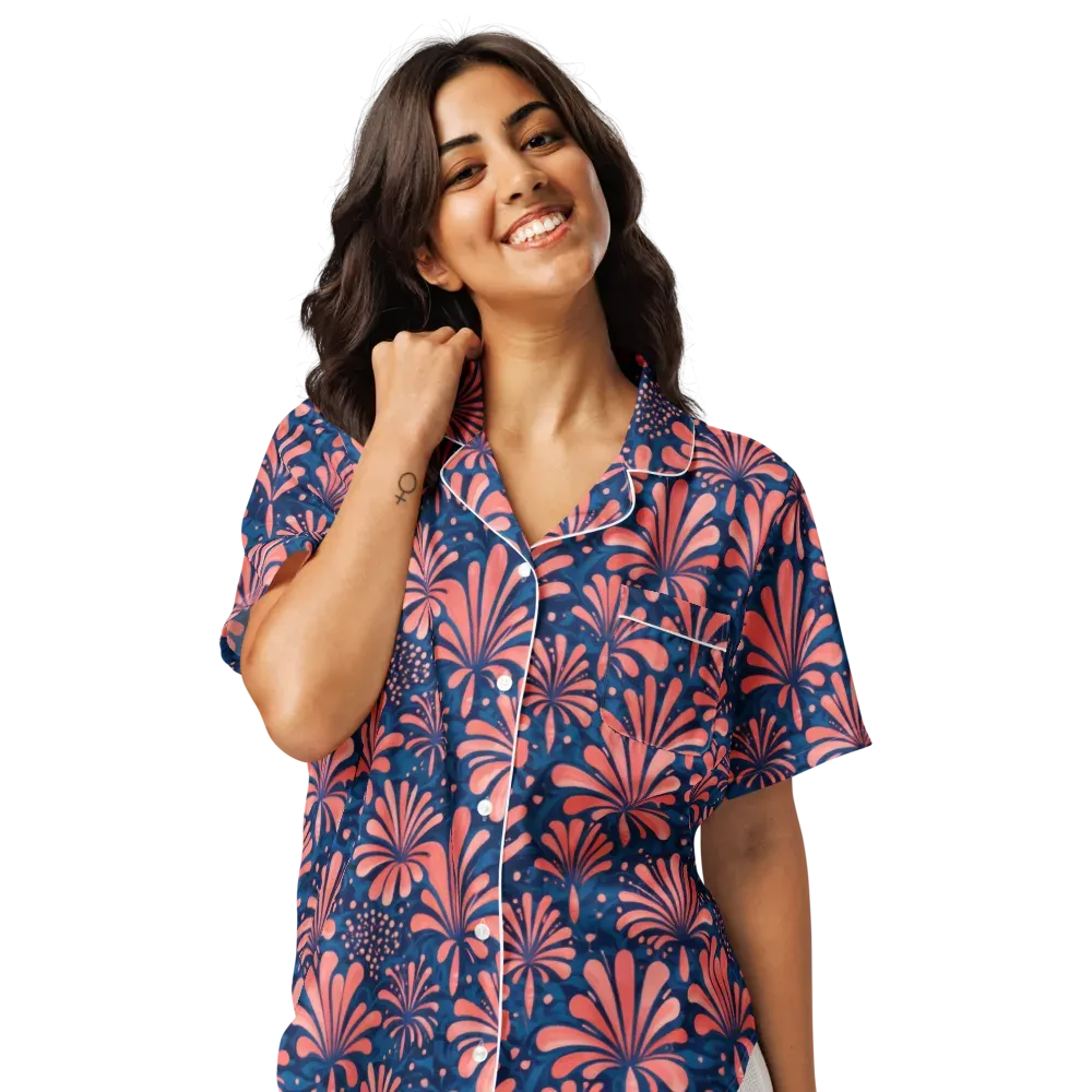 Coral Bloom Cascade on Women's Short Sleeve Pajama Top — Front