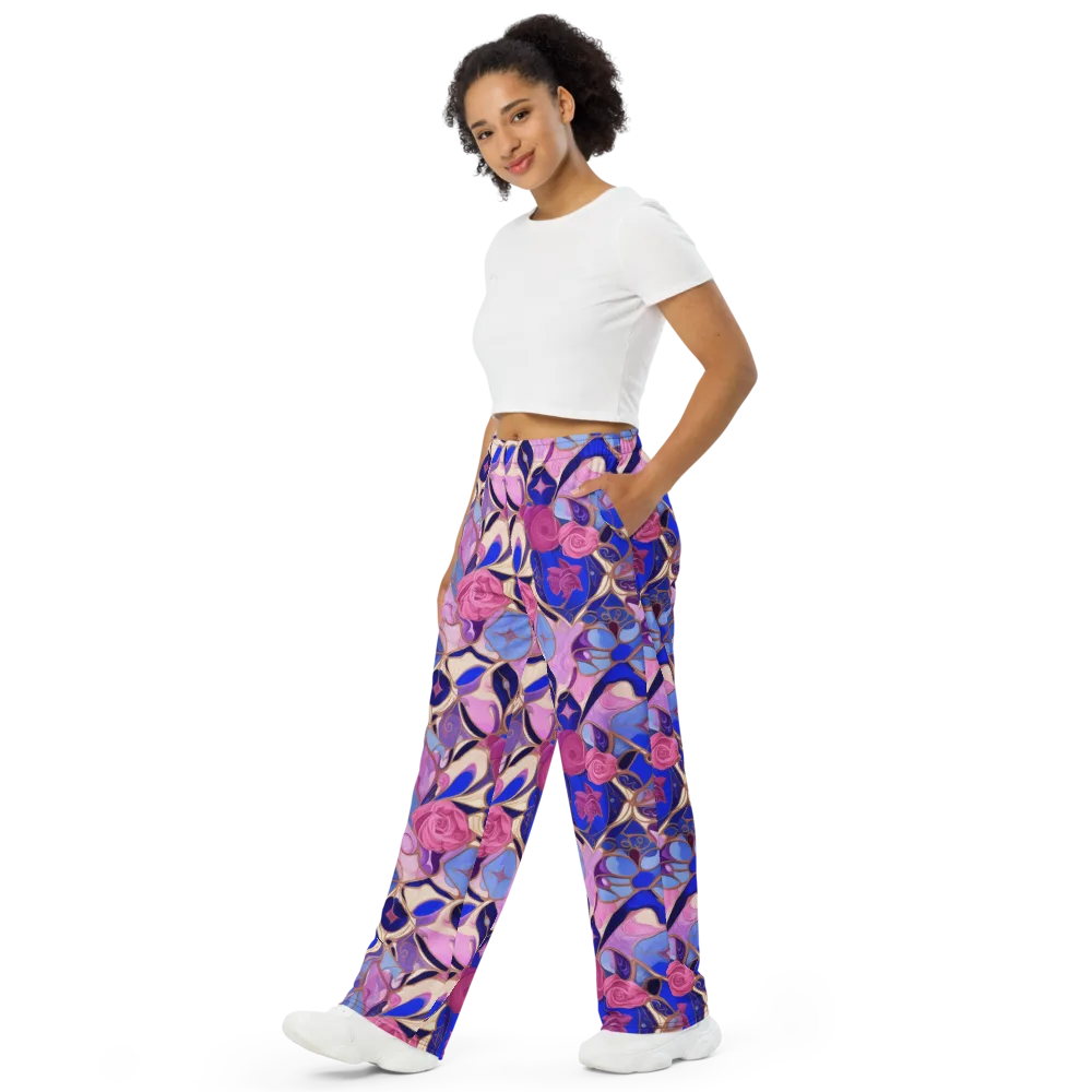 Royal Rose Mosaic on Wide-Leg Pants — Left Front