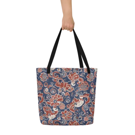 Indigo Rococo on a Large Tote Bag W/ Pocket