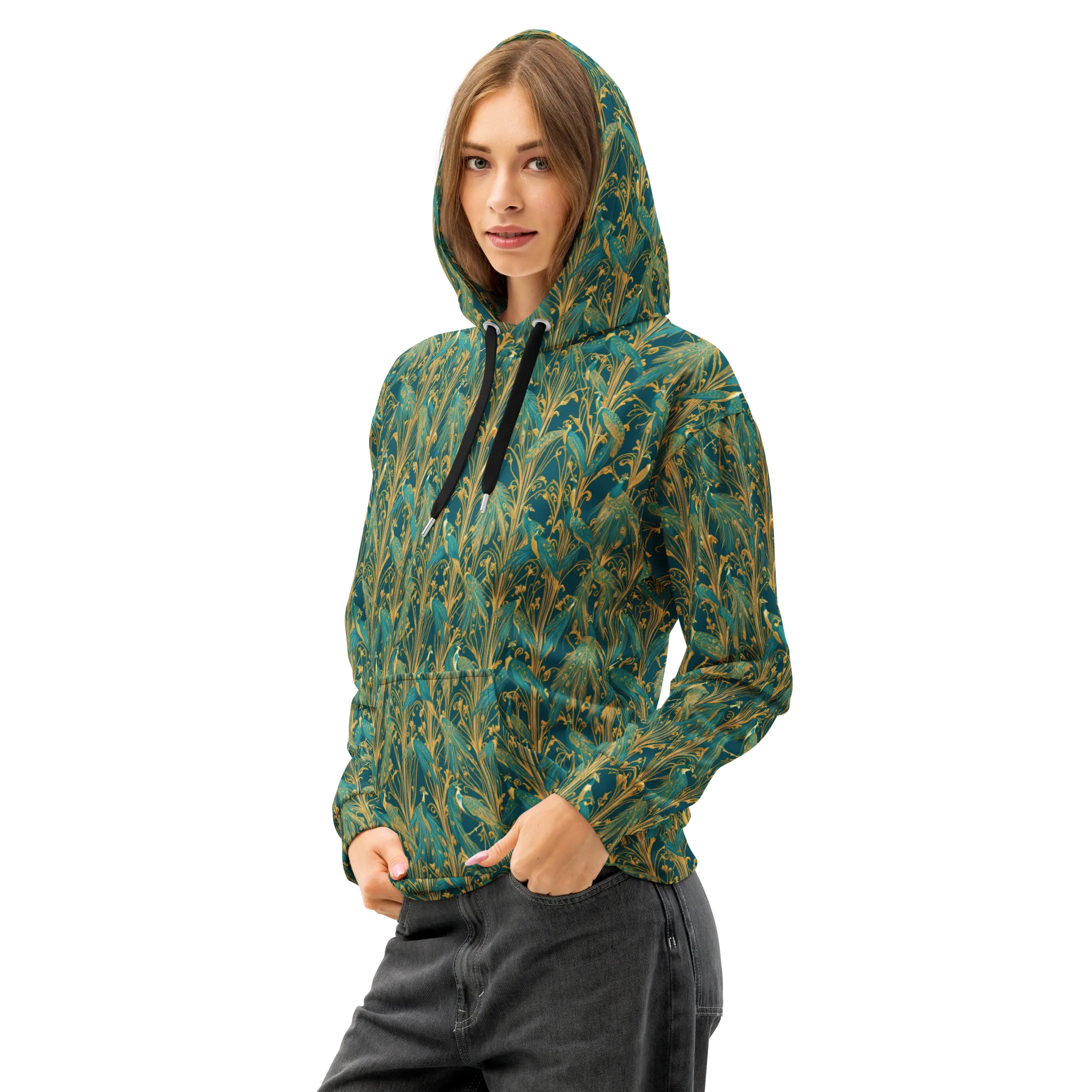 Gilded Peacock on Cotton Hoodie — Left Front