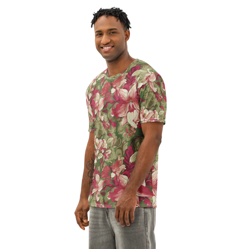 Burgundy Botanica on Men's Cotton Crew Neck T-Shirt — Left Front
