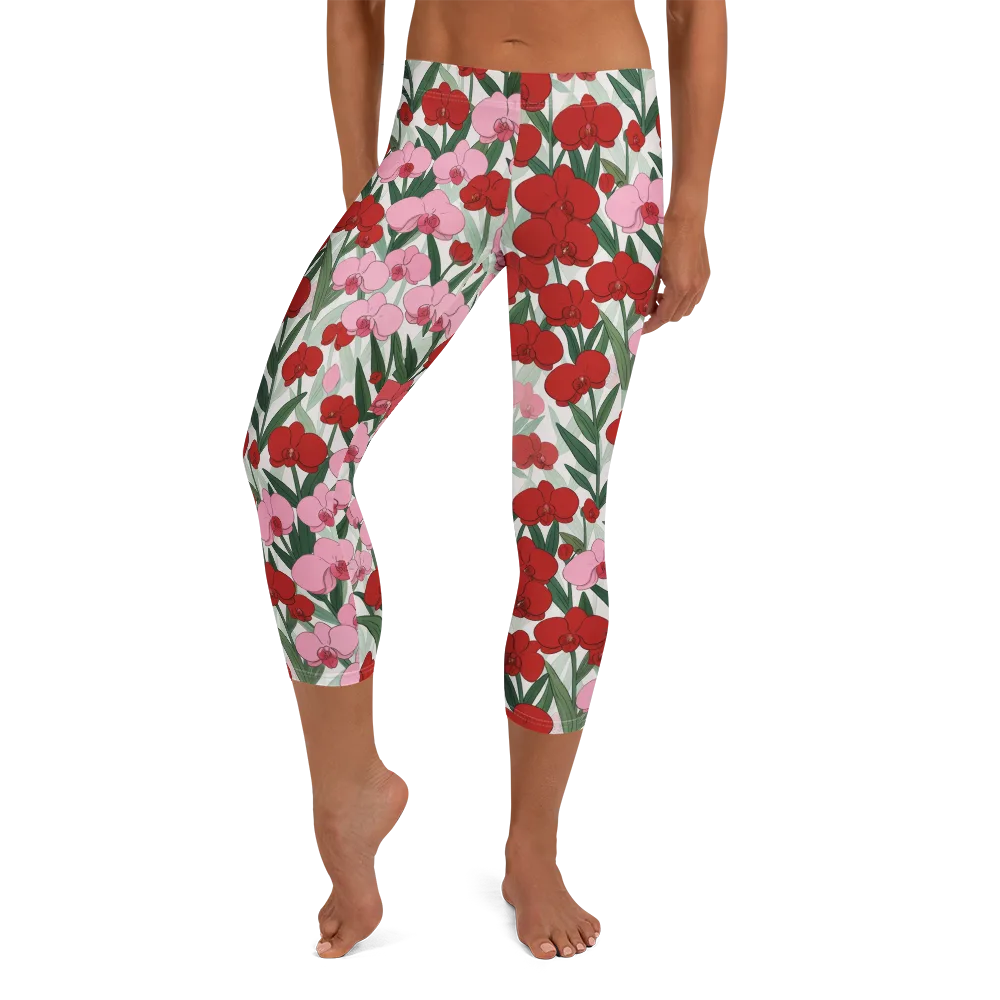 Crimson Orchid Garden on Capri Leggings — Front
