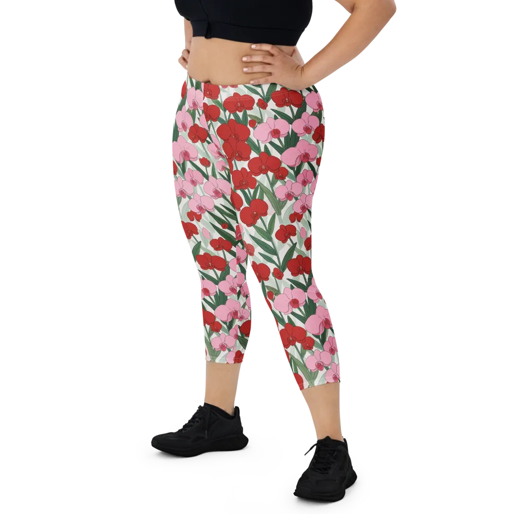 Crimson Orchid Garden on Capri Leggings — Front