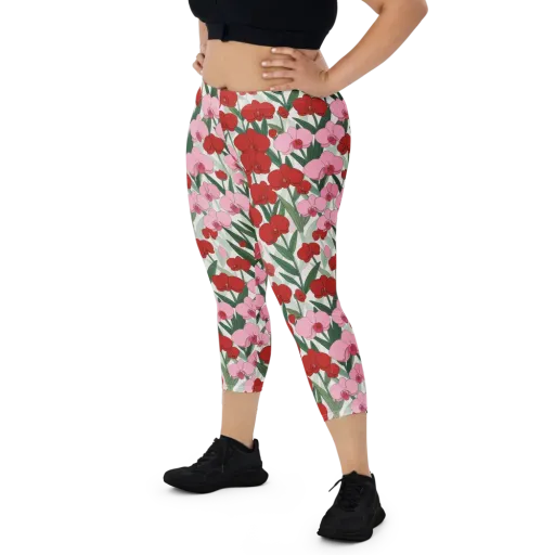 Crimson Orchid Garden on a Capri Leggings