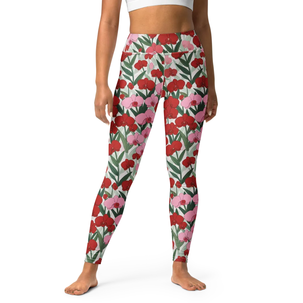 Crimson Orchid Garden on Yoga Leggings — Front