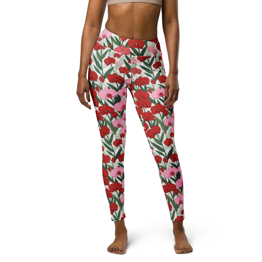 Crimson Orchid Garden on Yoga Leggings — Front