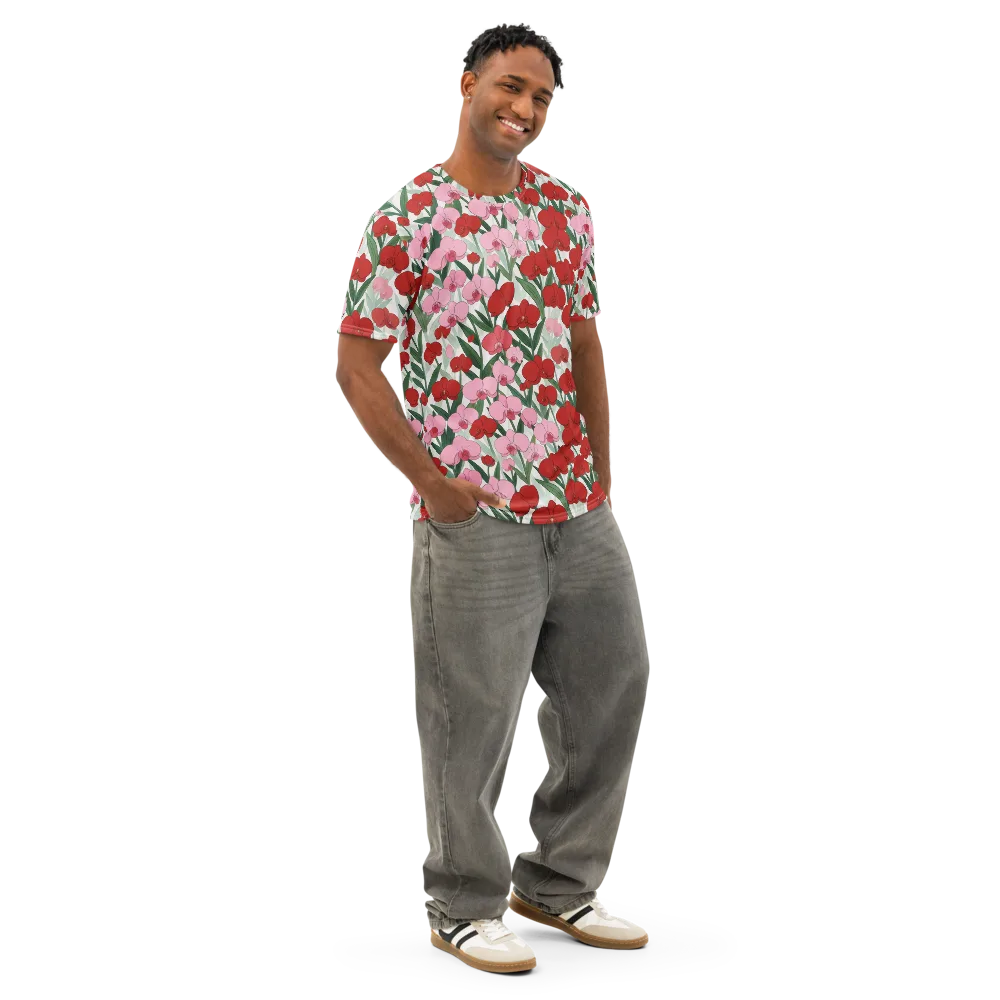 Crimson Orchid Garden on Men's Cotton Crew Neck T-Shirt — Right Front