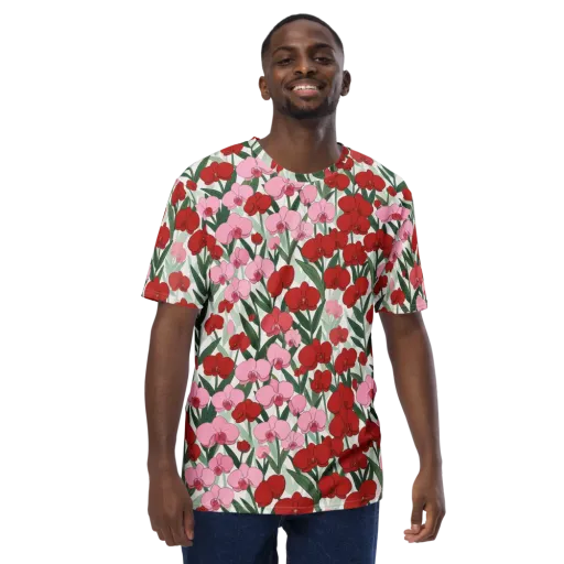 Crimson Orchid Garden on a Men's Crew Neck T-Shirt