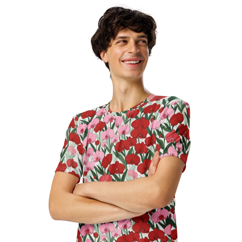Crimson Orchid Garden on Men's Crew Neck T-Shirt — Left Front