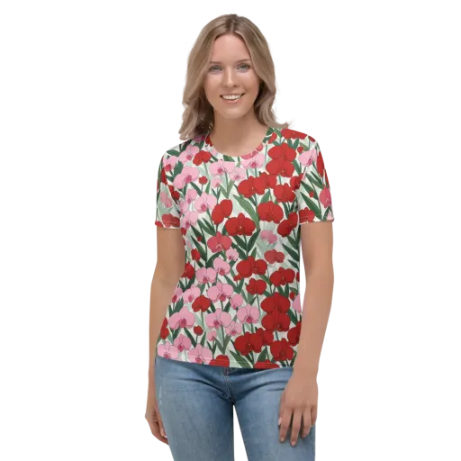 Crimson Orchid Garden on a Women's Crew Neck T-Shirt