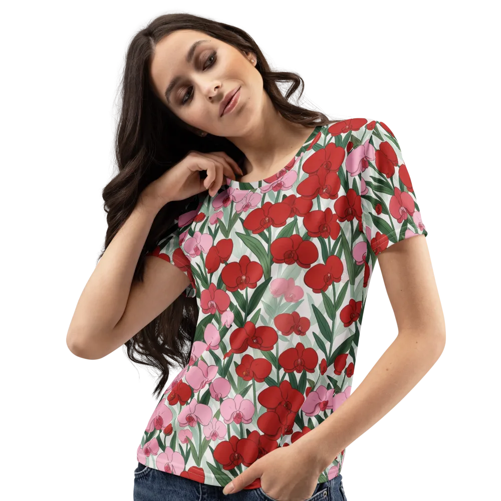 Crimson Orchid Garden on Women's Crew Neck T-Shirt — Left Front