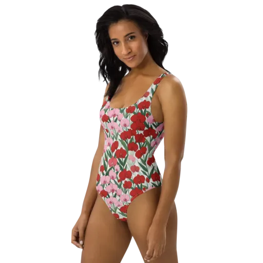 Crimson Orchid Garden on a One-Piece Swimsuit