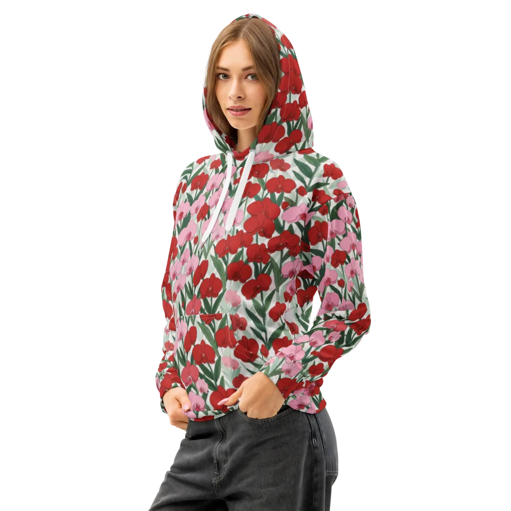 Crimson Orchid Garden on Cotton Hoodie — Left Front
