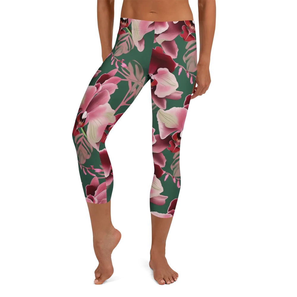 Jade Orchid Garden on Capri Leggings — Front