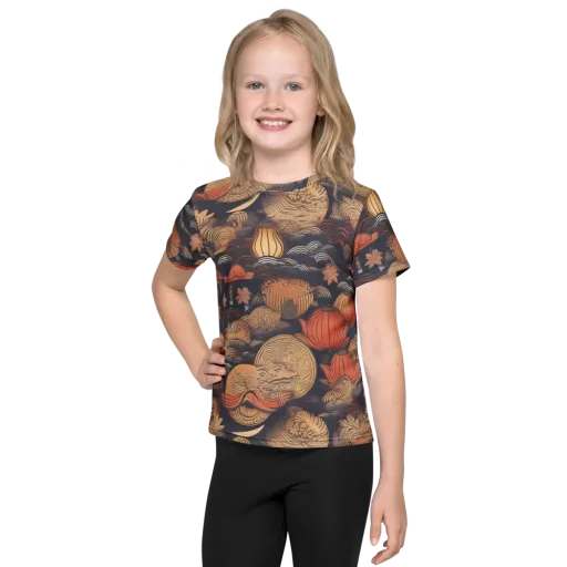 Lanterns On Dark Water on a Kids Crew Neck T-Shirt